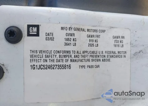 2002 Chevrolet Cavalier из США, поврежденный, VIN 1G1JC524627355816